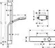 Brausesystem von Hansgrohe mit Brausestange, Handbrause, Thermostat und Handbrausehalterung. Technische Zeichnung mit Abmessungen und Anschlussdetails.